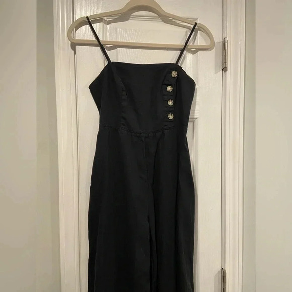 Urban Outfitters Pants - Urban Outfitters Black Linen Blend Jumpsuit Spaghetti Strap Button Detail Size 0